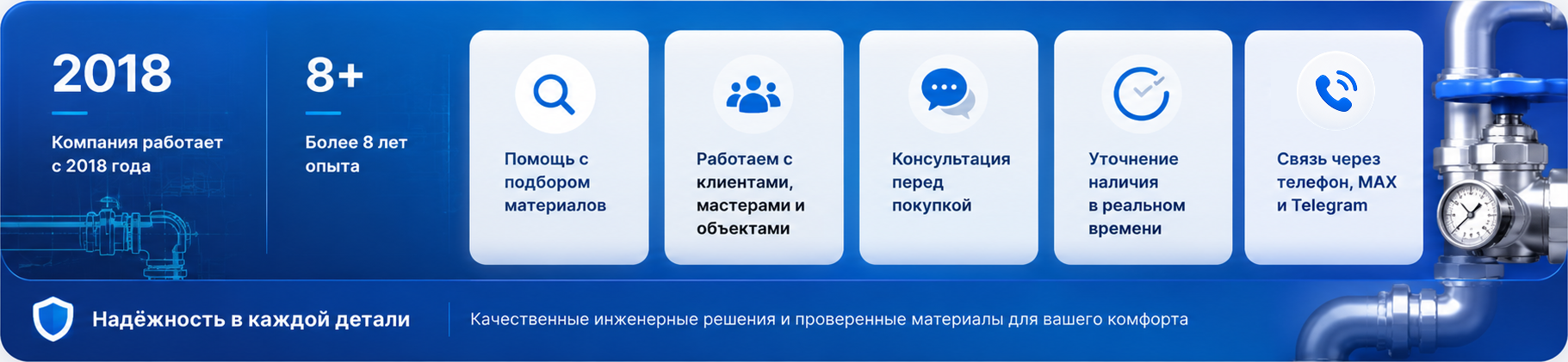 УЗГИ — интернет-магазин сантехники: компания работает с 2018 года, более 8 лет опыта, помогает с подбором материалов, работает с клиентами, мастерами и объектами, консультирует перед покупкой, уточняет наличие и поддерживает связь через телефон, MAX и Telegram.
